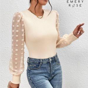 NWT Cream Sheer Sleeve Bodysuit Sz M